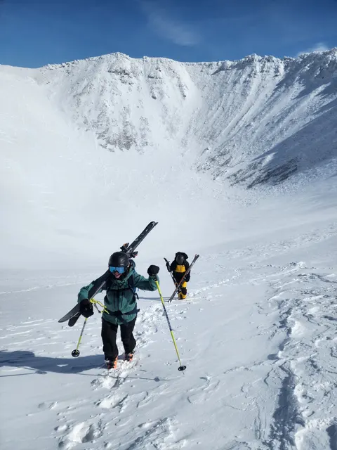 Skiers hiking up a snowy bowl with skis on their packs