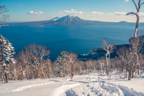 View over a blue lake from a snowy forest