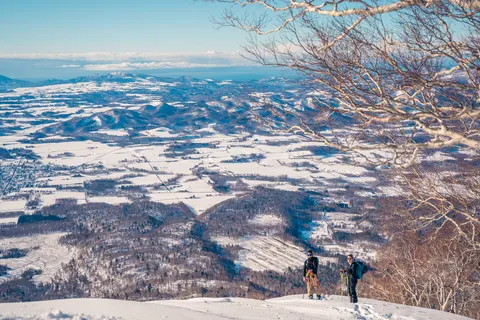 Two skiers on a ridge above snowy farmland