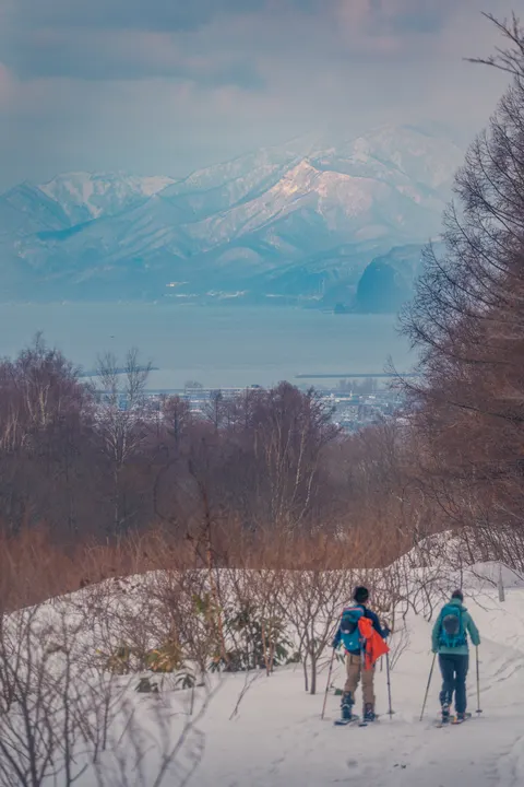 Two ski tourers skinning up through the trees
