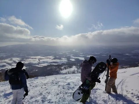 Friends with snowboards on a sunny slope
