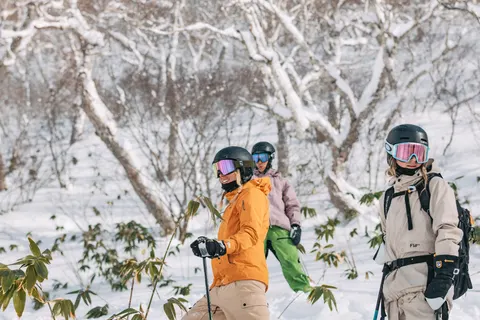 Three skiers smiling in snowy trees